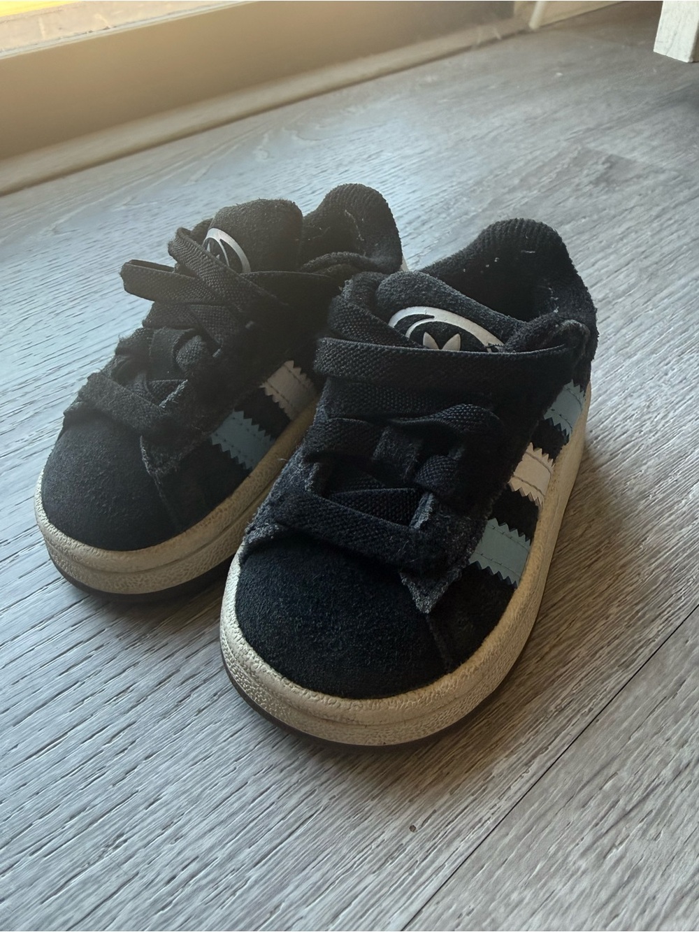 adidas Toddler Kids Black Suede Sneakers with Blue & White Stripes - Picture 4 of 5